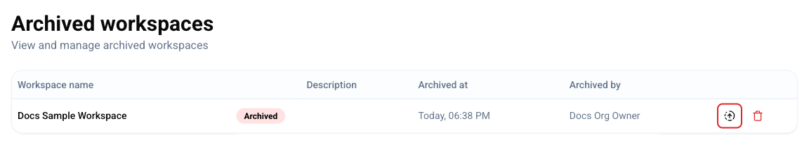 Screenshot of the restore icon on the archived workspaces page