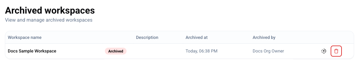 Screenshot of the delete icon on the archived workspaces page